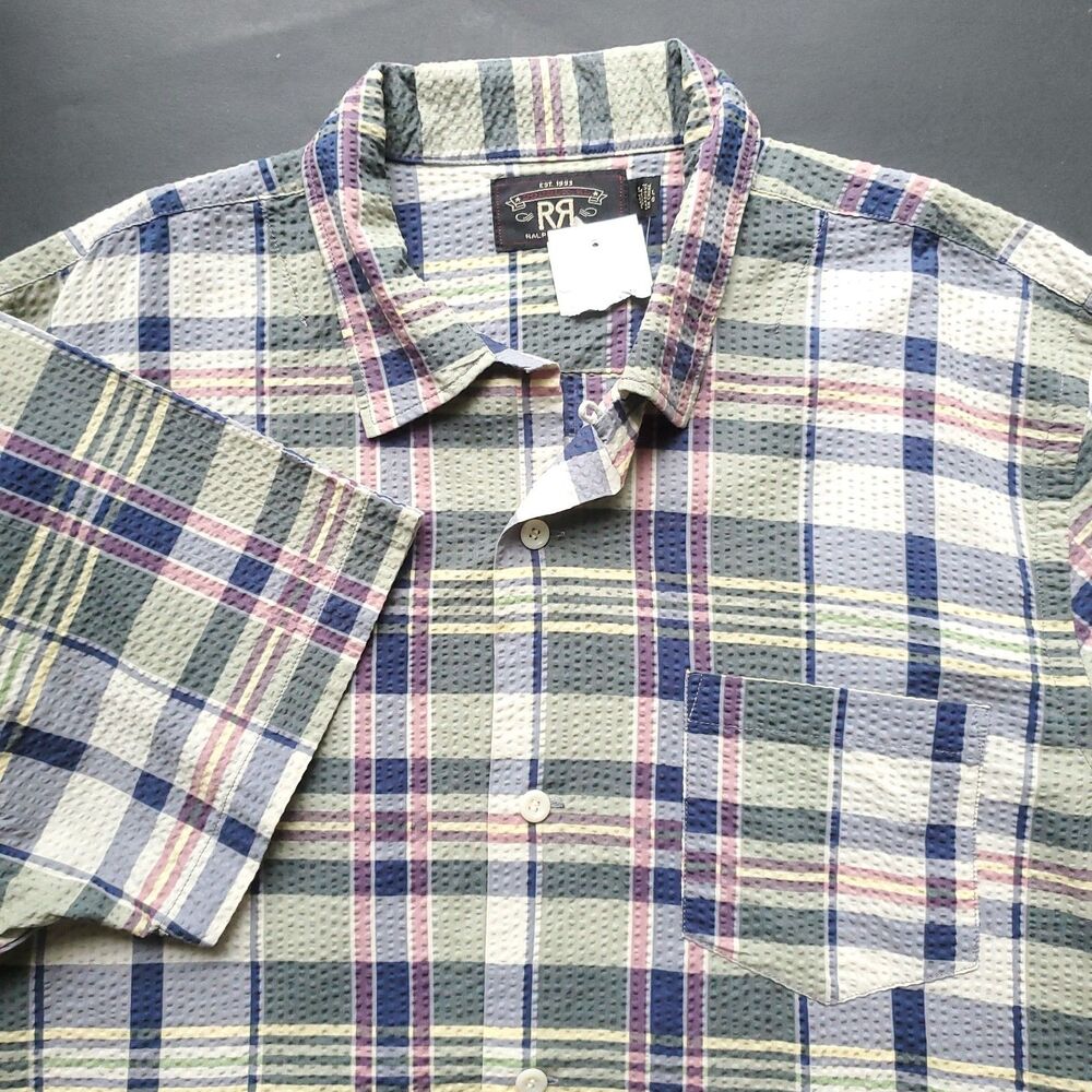 RRL Double RL Ralph Lauren Plaid Seersucker Loop Collar Shirt Mens Large